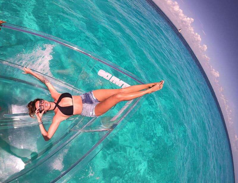 Explore the sea of cozumel in a transprent boat with drinks and snorkel. - Shipwrecks, coral, and tropical fish below the hull